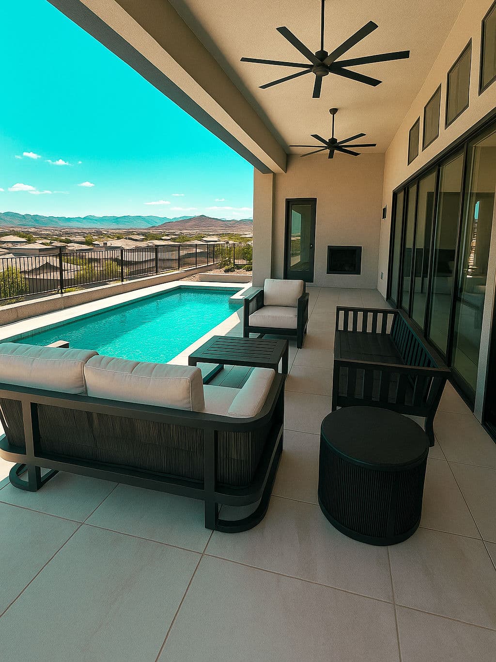 Modern patio with pool view, lounging furniture, and mountain backdrop in bright sunlight.