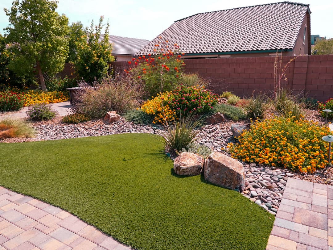 Vibrant desert garden with colorful flowers, greenery, and decorative rocks in a residential yard.