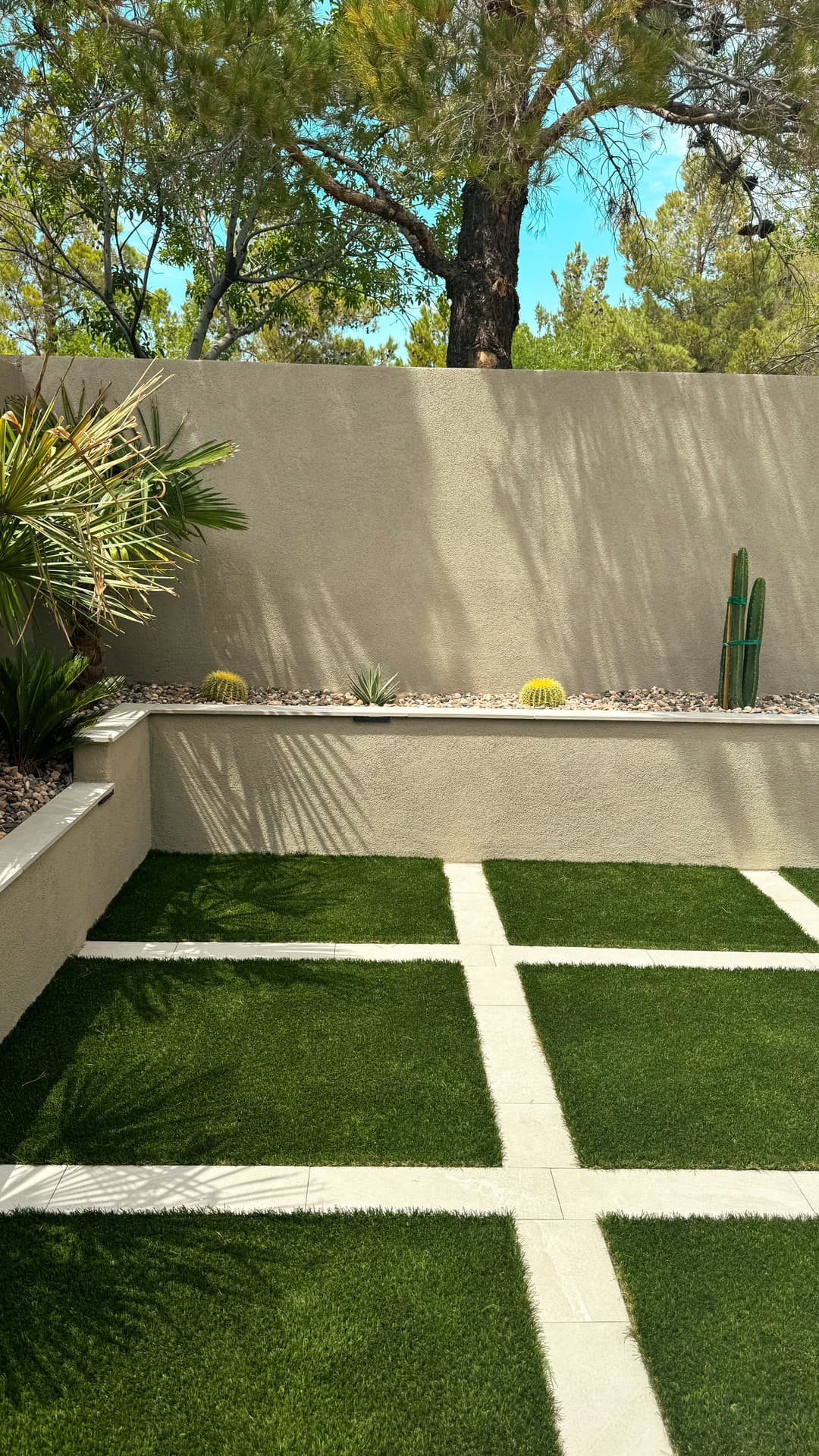 Modern garden design with artificial grass, cacti, and clean lines in a serene outdoor space.