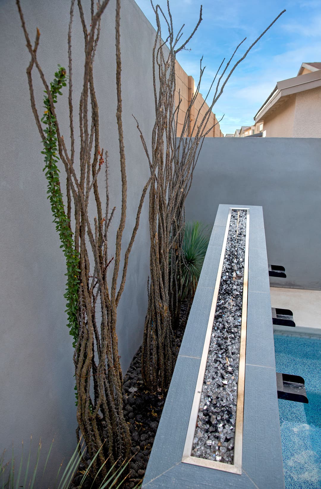 Modern outdoor water feature with sleek stone basin and minimalist design. Eco-friendly plants.